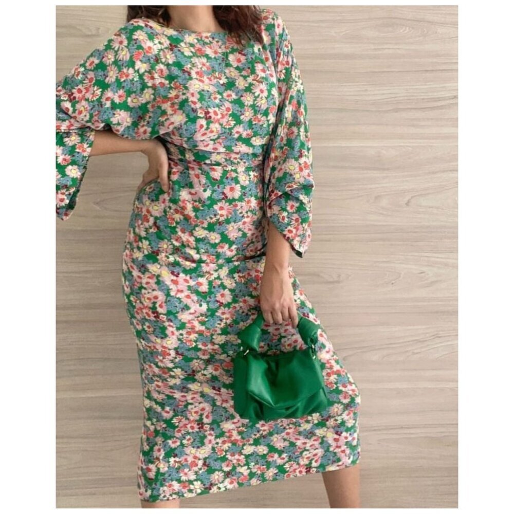 ZARA Floral Print Long Sleeve Midi Dress in Green Long Sleeves Women's Size S